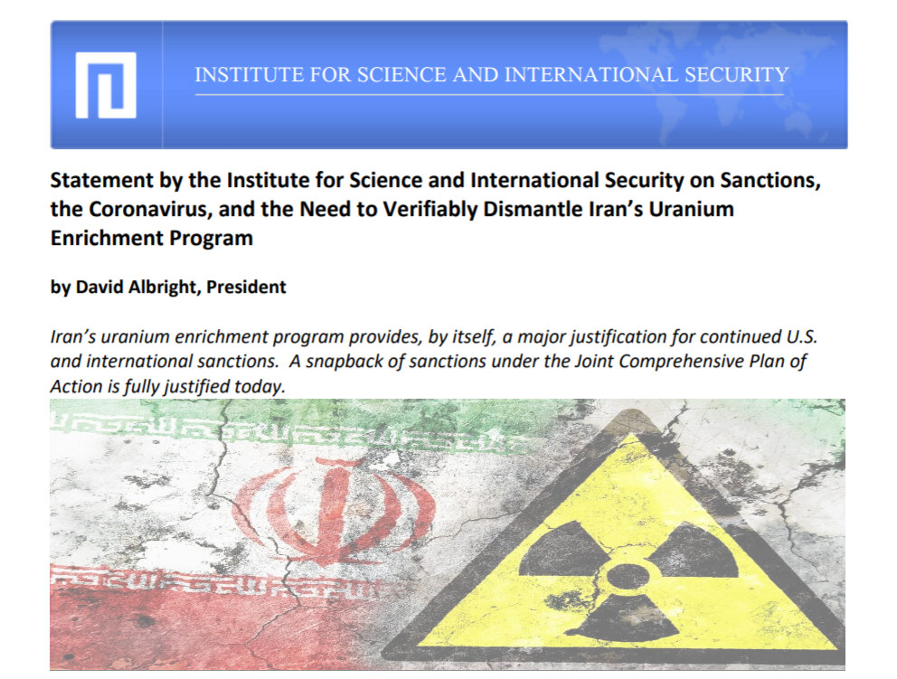 Read more about the article Statement by the Institute for Science and International Security on Sanctions, the Coronavirus, and the Need to Verifiably Dismantle Iran’s Uranium Enrichment Program